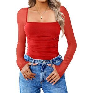 Women's Bodysuit Long Sleeve Neck Mesh Shirts Ruched Sexy Sheer Dark Red Tops